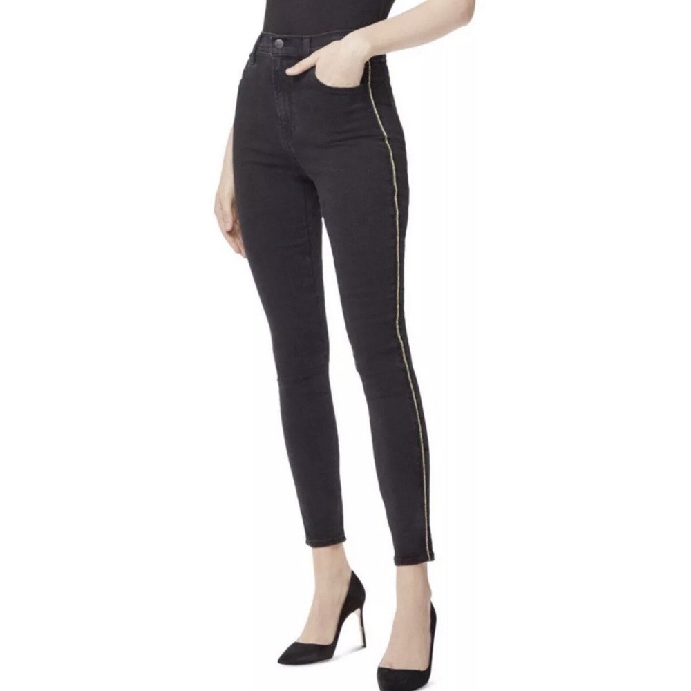 J Brand Leenah Jeans Women's 30 Black Super High Rise Skinny Gold Braid